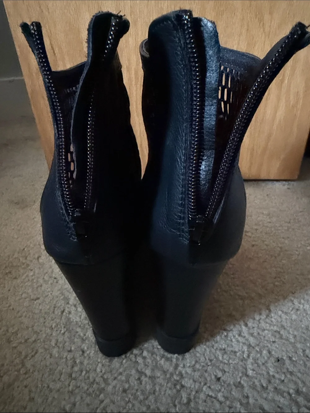 Black Leather Mesh Wedge Booties with Hidden Platform